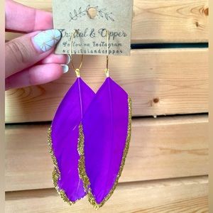 Purple Gold Glitter Festival Feather Earrings NWT